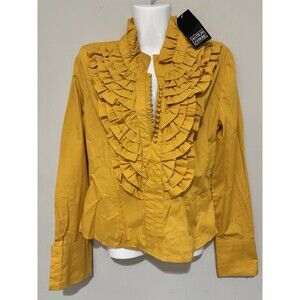 Antilia Femme Women's 80s Style Yellow Mustard Button Front Ruffle Blouse Sz L ?